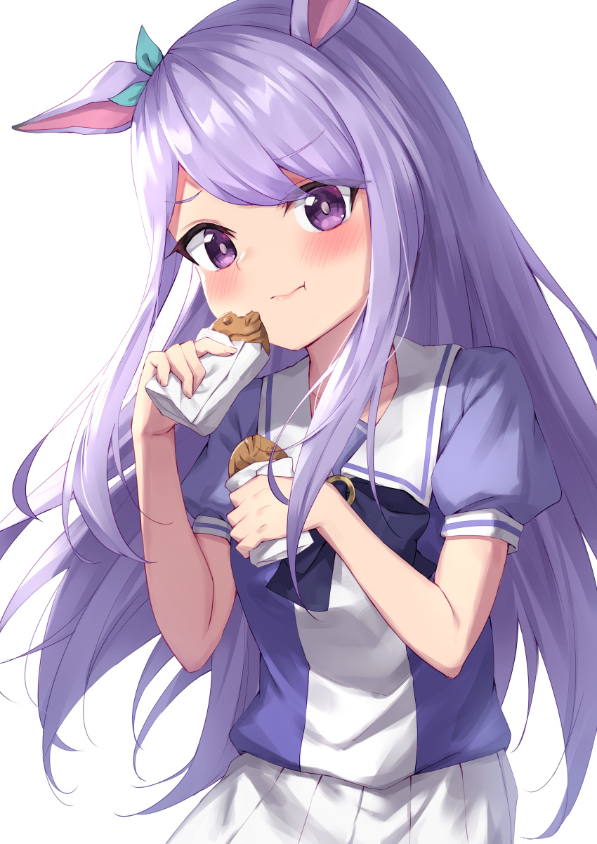 1girl :t absurdres animal_ears bangs blue_bow blue_shirt blush bow closed_mouth ear_ribbon eating eyebrows_visible_through_hair food green_ribbon highres holding holding_food horse_ears long_hair looking_at_viewer masaki_(msk064) mejiro_mcqueen_(umamusume) pleated_skirt puffy_short_sleeves puffy_sleeves purple_hair ribbon school_uniform shirt short_sleeves simple_background skirt solo taiyaki tracen_school_uniform umamusume very_long_hair violet_eyes virtual_youtuber wagashi wavy_mouth white_background white_skirt