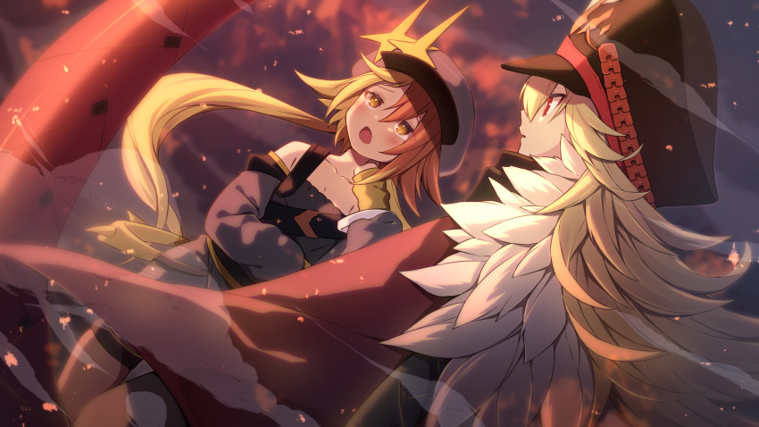 2girls alchemy_stars ashes belt black_headwear blonde_hair brown_eyes cape collarbone commentary_request dusk dutch_angle fur-trimmed_cape fur_trim grey_shirt grey_shorts grey_tank_top gronru_(alchemy_stars) hand_on_own_neck hat highres light_blush military_hat multicolored_hair multiple_girls nemesis_(alchemy_stars) off-shoulder_shirt off_shoulder open_mouth orange_hair outdoors parted_lips profile red_cape red_eyes shirt shorts smoke tank_top two-tone_hair usamata