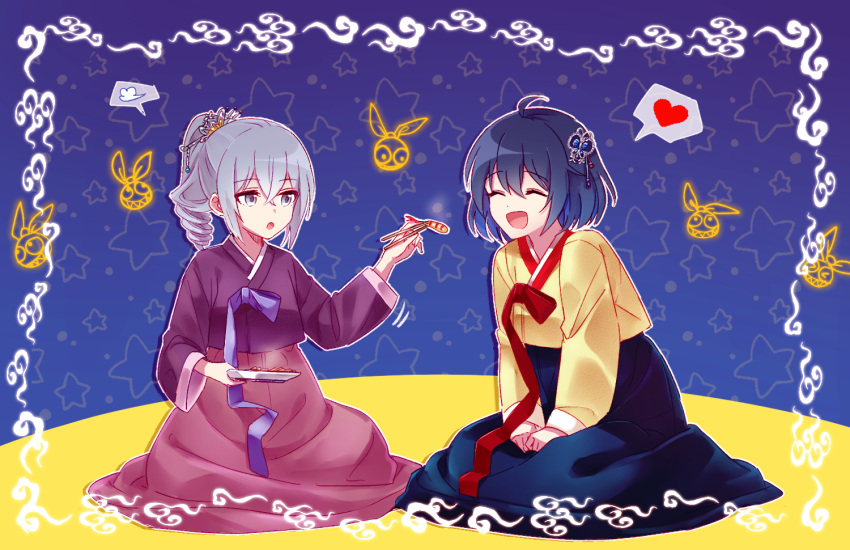 2girls 6_(yuchae) antenna_hair bangs blue_background blue_eyes bronya_zaychik chopsticks closed_eyes drill_hair feeding food grey_eyes grey_hair hair_between_eyes hair_ornament hanbok hands_on_own_knees heart holding homu_(honkai_impact) honkai_(series) honkai_impact_3rd korean_clothes multiple_girls open_mouth plate ponytail seele_vollerei seiza short_hair shrimp sitting speech_bubble starry_background yellow_background