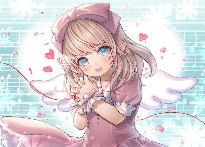 1girl angel_wings bangs blonde_hair blue_eyes blush bow dress eyebrows_visible_through_hair final_fantasy final_fantasy_xiv hair_bow hands_clasped heart highres lalafell long_hair looking_at_viewer mirukurim open_mouth own_hands_together pink_bow pink_dress pointy_ears puffy_short_sleeves puffy_sleeves short_sleeves solo wings wrist_cuffs