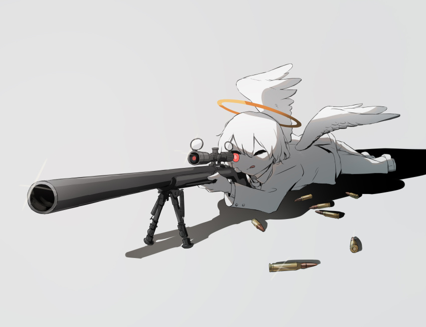 1boy :q absurdres aiming angel angel_wings avogado6 bullet colored_skin feathered_wings foreshortening glint grey_background gun halo highres jacket lying male_focus on_stomach original pants perspective red_eyes rifle scope shoes simple_background sniper_rifle solo symbolism tongue tongue_out weapon white_footwear white_jacket white_pants white_skin white_wings wings
