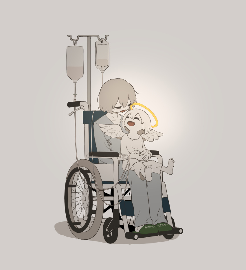 2boys :d absurdres angel avogado6 bags_under_eyes barefoot child colored_skin commentary_request emaciated grey_background halo highres hospital_gown intravenous_drip long_sleeves male_focus multiple_boys open_mouth original pants shirt simple_background sitting slippers smile soles spread_wings translation_request wheelchair white_hair white_pants white_shirt white_skin white_wings wings