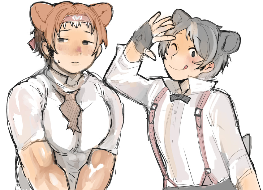 2boys :q ;q absurdres animal_ears arm_at_side arm_up bear_ears bergman's_bear_(kemono_friends) black_gloves bow bowtie brown_hair buttons collared_shirt extra_ears ezo_brown_bear_(kemono_friends) fingerless_gloves genderswap genderswap_(ftm) gloves grey_hair half-closed_eyes headband highres igarashi_(nogiheta) kemono_friends light_brown_hair long_sleeves looking_at_viewer looking_to_the_side male_focus mature_male multicolored_hair multiple_boys muscular muscular_male necktie one_eye_closed outstretched_hand pectorals pose shirt short_hair short_sleeves simple_background sketch smile spread_fingers suspenders tongue tongue_out two-tone_hair upper_body white_background white_shirt