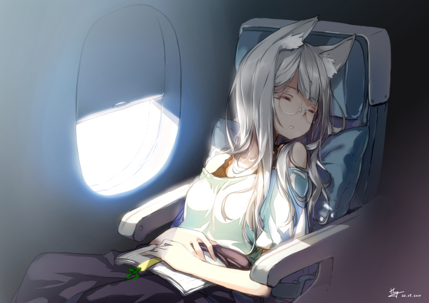 1girl airplane_interior animal_ear_fluff animal_ears bangs bare_shoulders book bra_strap breasts closed_eyes commentary dated eyebrows_visible_through_hair facing_to_the_side glasses highres hong_(white_spider) long_hair medium_breasts off-shoulder_shirt off_shoulder open_book original parted_lips shirt short_sleeves signature silver_hair sitting sleeping solo white_shirt window