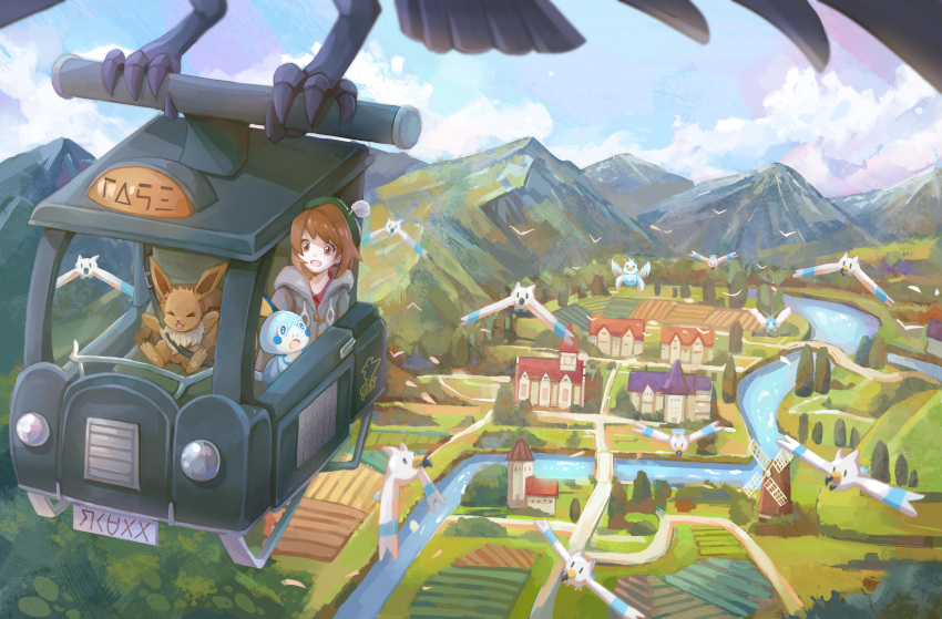 1girl absurdres bird bridge brown_eyes brown_hair building cable_knit cardigan clouds collared_dress commentary_request corviknight day eevee field flying gen_1_pokemon gen_3_pokemon gen_8_pokemon gloria_(pokemon) green_headwear grey_cardigan hat highres hooded_cardigan huge_filesize mountainous_horizon open_mouth outdoors pokemon pokemon_(game) pokemon_swsh pugo river seatbelt short_hair sky smile sobble starter_pokemon tam_o'_shanter taxi tree water windmill wingull