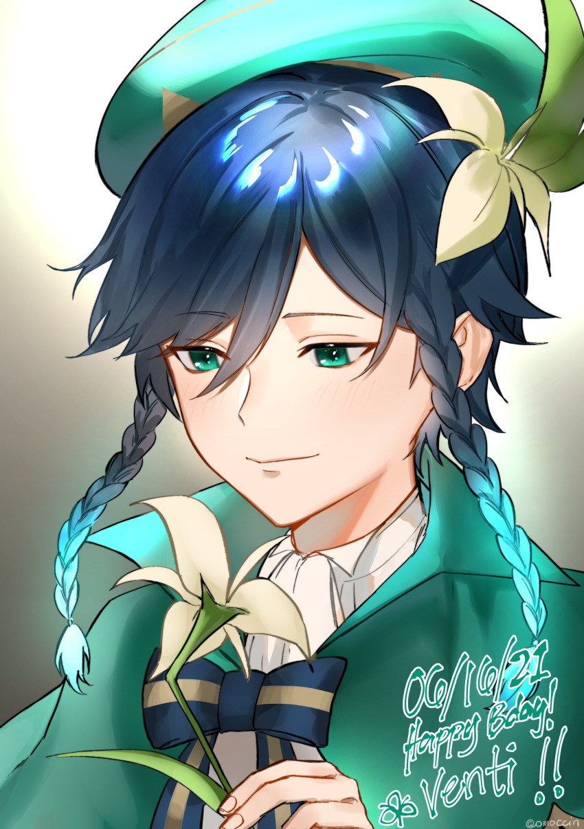 1boy absurdres androgynous bangs beret black_hair blue_hair blush bow braid cape character_name closed_mouth collared_cape collared_shirt dated english_commentary english_text eyebrows_visible_through_hair flower genshin_impact gradient_hair green_eyes green_headwear hair_flower hair_ornament happy_birthday hat highres holding holding_flower leaf male_focus multicolored_hair omoccin shirt short_hair_with_long_locks simple_background smile solo twin_braids venti_(genshin_impact) white_flower white_shirt