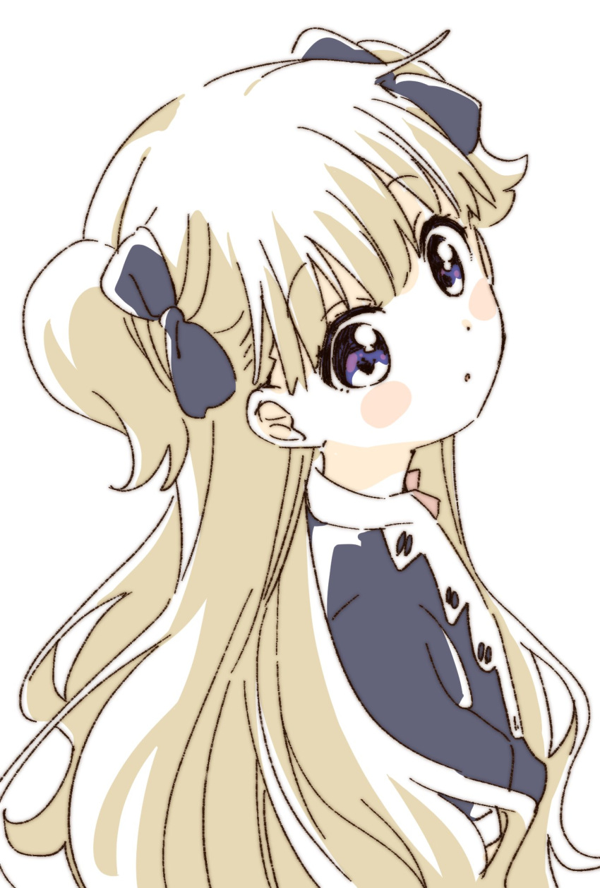 1girl bangs blonde_hair blue_dress blue_ribbon blunt_bangs blush dress emilyko hair_ribbon highres long_hair looking_at_viewer namori parted_bangs parted_lips ribbon shadows_house simple_background solo two_side_up upper_body white_background