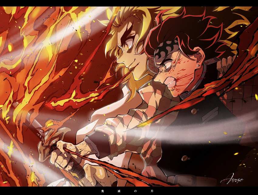 2boys angry belt black_jacket blonde_hair blood blood_on_face brown_eyes checkered closed_mouth commentary_request earrings fire gradient_hair highres holding holding_sword holding_weapon jacket japanese_clothes jewelry kamado_tanjirou katana kimetsu_no_yaiba kimono long_hair long_sleeves multicolored_hair multiple_boys redhead rengoku_kyoujurou scar scar_on_forehead smile sword teeth upper_body veins veiny_arms verse weapon