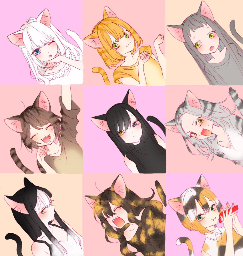 6+girls :3 :d :t animal_ears black_hair black_shirt blonde_hair blue_eyes blush bob_cut brown_background cat_day cat_ears cat_girl cat_tail closed_eyes dutch_angle eating facing_viewer fang fangs green_eyes green_hair grey_hair grey_shirt heterochromia highres holding kawai_rou long_hair looking_at_viewer medium_hair multicolored_hair multiple_girls one_eye_closed open_mouth original paw_pose pink_background shirt short_hair slit_pupils smile tail tail_raised two-tone_hair white_hair yellow_background yellow_eyes