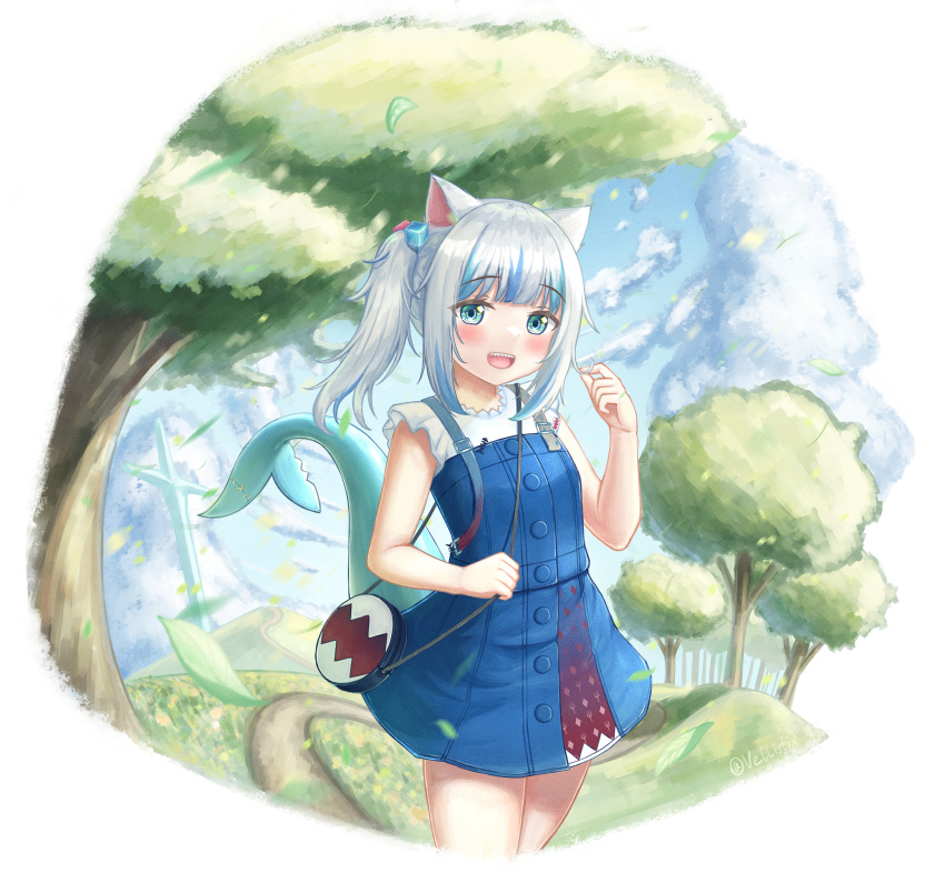 1girl animal_ears arm_up bag bangs blue_dress blue_sky blush breasts cat_ears clouds cowboy_shot day dress eyebrows_visible_through_hair fish_tail forest gawr_gura hair_bobbles hair_ornament handbag highres hill holding holding_hair hololive hololive_alternative hololive_english multicolored_hair nature one_side_up open_mouth outdoors pinafore_dress planted planted_sword road shark_tail sharp_teeth shirt short_dress short_hair silver_hair sky sleeveless sleeveless_shirt small_breasts smile solo standing streaked_hair sword symbol_commentary tail teeth twitter_username upper_teeth vellistix virtual_youtuber weapon white_shirt
