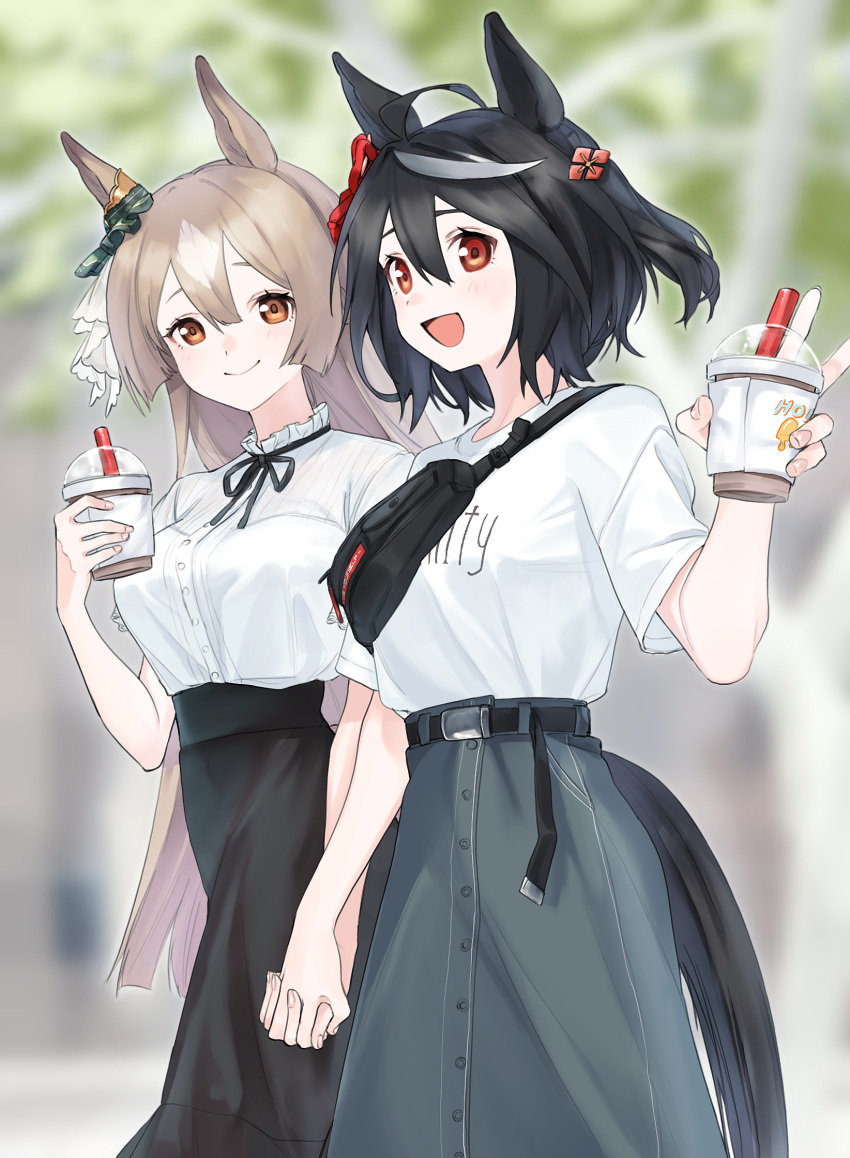 2girls ahoge animal_ears belt black_hair blurry blurry_background breasts brown_hair bubble_tea closed_mouth cowboy_shot dress dress_shirt eyebrows_behind_hair hair_between_eyes highres holding_hands horse_ears horse_tail kitasan_black large_breasts long_hair long_skirt looking_at_viewer medium_breasts medium_hair multicolored_hair multiple_girls neck_ribbon open_mouth pouch ribbon satono_diamond seisei_tamago shirt shirt_tucked_in sideways_glance skirt slender_waist smile streaked_hair t-shirt tail tented_shirt umamusume v very_long_hair white_shirt