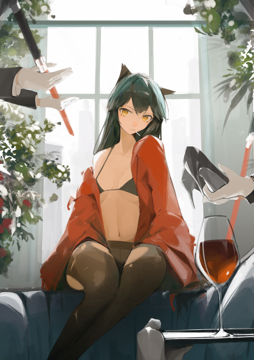 1girl 3others ? absurdres alcohol animal_ears arknights belt black_belt black_bra black_hair black_legwear bra breasts brown_eyes chinese_commentary cigarette closed_mouth collared_shirt commentary_request cowboy_shot cup drinking_glass eyyy gloves hair_between_eyes head_tilt high_heels highres holding holding_shoes holding_sword holding_tray holding_weapon legs_together long_hair long_sleeves looking_at_viewer multiple_others navel off_shoulder official_alternate_costume open_clothes plant ponytail red_shirt shirt shoes sitting small_breasts standing striped sword texas_(arknights) texas_(willpower)_(arknights) torn_clothes torn_legwear tray underwear undressing weapon white_gloves window wine wine_glass wolf_ears wolf_girl
