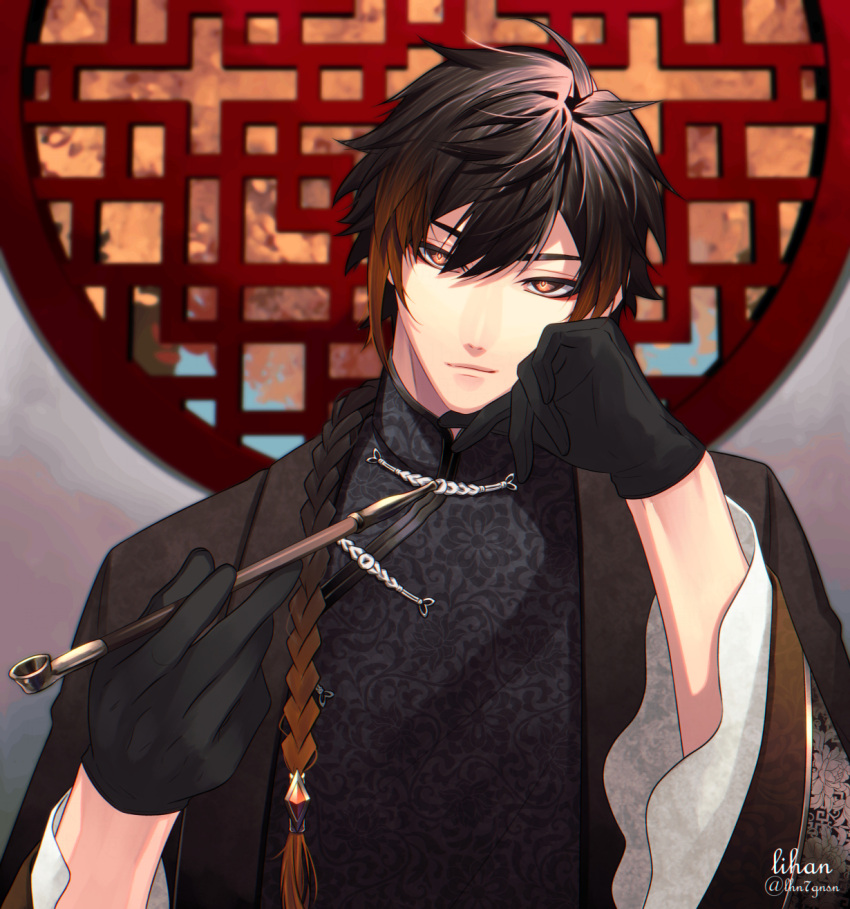 1boy bangs black_gloves black_hair blurry blurry_background braid braided_ponytail chinese_clothes closed_mouth commentary_request diamond-shaped_pupils diamond_(shape) eyeliner formal genshin_impact gloves gradient_hair hair_between_eyes hair_tie highres holding holding_pipe jacket lhn7gnsn long_hair long_sleeves looking_at_viewer makeup male_focus multicolored_hair orange_hair pipe ponytail solo symbol-shaped_pupils wide_sleeves window yellow_eyes zhongli_(genshin_impact)