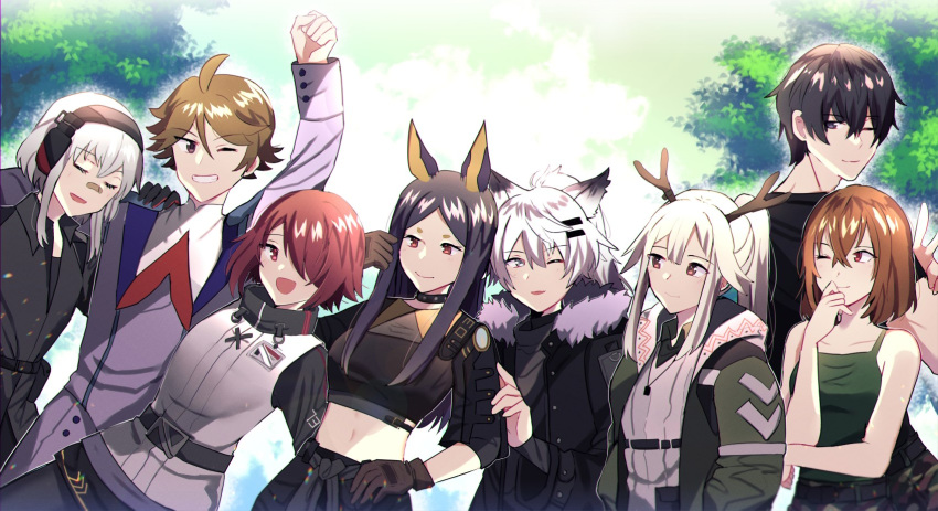 2boys 6+girls all_you_need_is_kill animal_ears arknights commission crossover darling_in_the_franxx deer_antlers deer_girl dobermann_(arknights) dog_ears dog_girl erumei24 exusiai_(arknights) firewatch_(arknights) ghost_recon ghost_recon:_wildlands gloves headphones highres kiriya_keiji lappland_(arknights) multiple_boys multiple_girls original rita_vrataski school_uniform tom_clancy wolf_ears wolf_girl zorome_(darling_in_the_franxx)