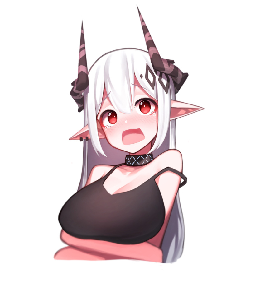 absurdres arknights beudelb blush breasts crossed_arms highres horns infection_monitor_(arknights) large_breasts looking_at_viewer mudrock_(arknights) open_mouth pointy_ears red_eyes tagme tears white_hair