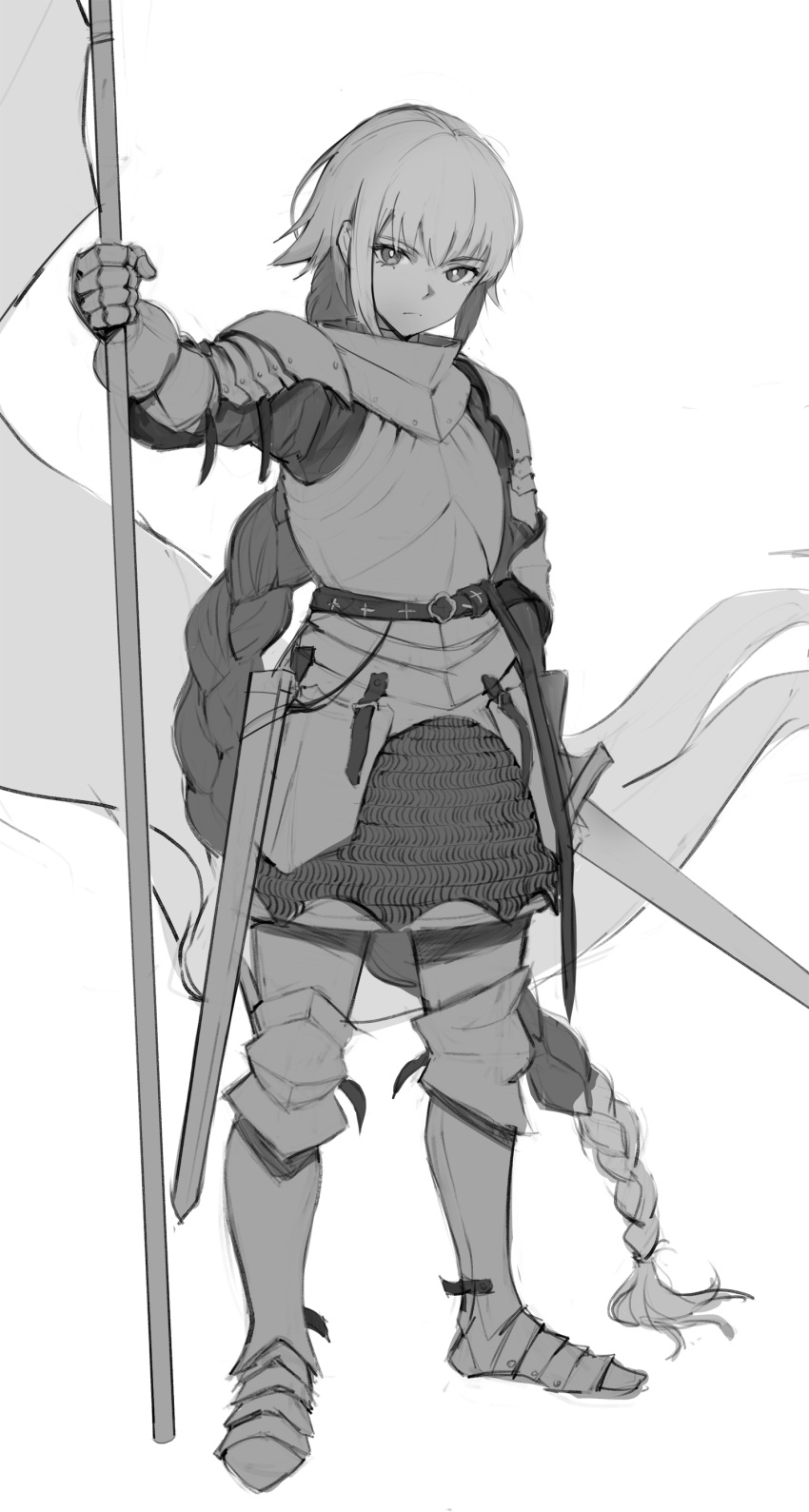 1girl absurdres armor braid braided_ponytail breastplate english_commentary eyebrows_visible_through_hair fate/apocrypha fate_(series) full_body gauntlets greyscale hair_between_eyes highres holding holding_sword holding_weapon jason_kim jeanne_d'arc_(fate) jeanne_d'arc_(fate)_(all) long_hair looking_at_viewer monochrome plate_armor sheath simple_background solo standing sword very_long_hair weapon white_background