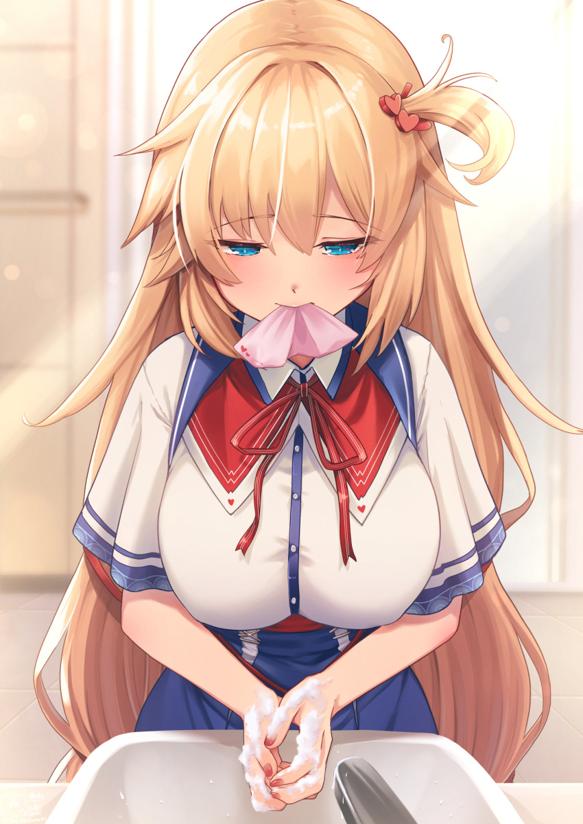 1girl akai_haato bangs blonde_hair blue_eyes blue_skirt blush breasts collared_shirt commentary_request dress_shirt eyebrows_visible_through_hair hair_between_eyes hair_ornament half-closed_eyes heart heart_hair_ornament high-waist_skirt highres hololive indoors large_breasts long_hair magowasabi mouth_hold nail_polish neck_ribbon one_side_up own_hands_together red_nails red_neckwear red_ribbon ribbon shirt short_sleeves signature sink skirt soap_bubbles solo standing twitter_username very_long_hair virtual_youtuber washing_hands white_shirt