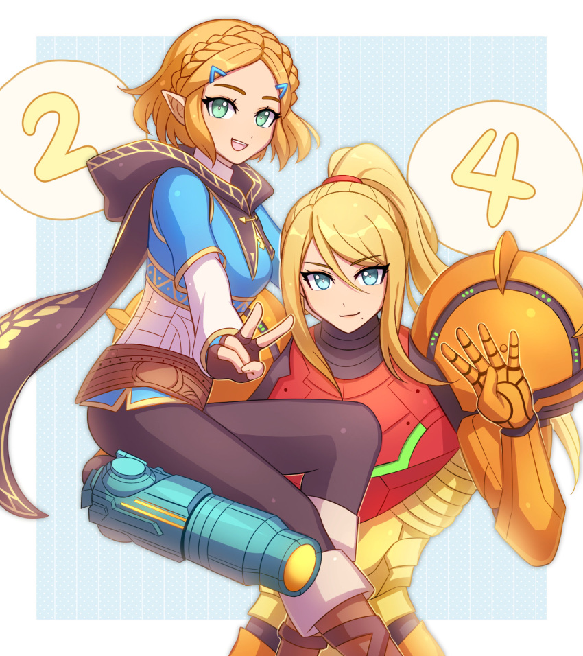 2girls arm_cannon armor bangs blonde_hair blue_eyes braid crown_braid enni green_eyes gun highres long_hair metroid metroid_dread multiple_girls pointy_ears ponytail power_armor princess_zelda samus_aran science_fiction sidelocks simple_background super_smash_bros. the_legend_of_zelda the_legend_of_zelda:_breath_of_the_wild the_legend_of_zelda:_breath_of_the_wild_2 weapon