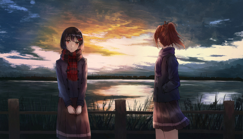 2girls absurdres bangs black_hair blue_jacket bow brown_hair brown_jacket brown_skirt building clouds cloudy_sky fence gekijouban_hibike!_euphonium grass hair_bow hands_in_pockets head_tilt hibike!_euphonium highres hisaishi_kanade huge_filesize jacket lake long_hair long_sleeves looking_at_viewer looking_away mellow4043 multiple_girls nakagawa_natsuki outdoors parted_lips plaid plaid_scarf plant ponytail purple_scarf red_bow red_eyes red_scarf scarf scenery short_hair skirt sky standing sunlight water