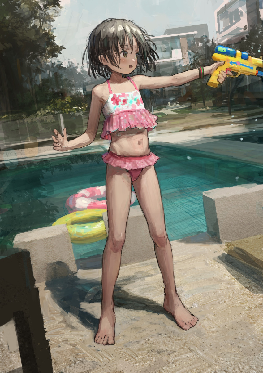 1girl absurdres bikini black_eyes black_hair breasts flat_chest highres loli navel open_mouth original pink_swimsuit pool ribs shion_(mirudakemann) short_hair small_breasts smile swimsuit water_gun