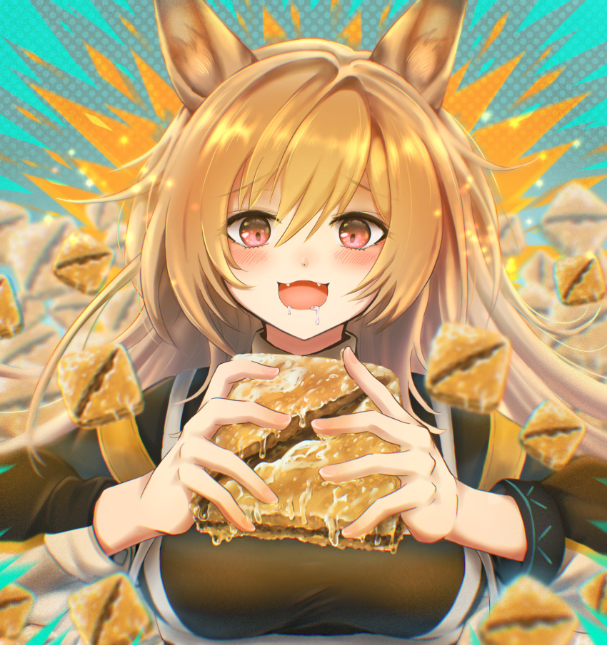 1girl 3_(sanyako1) animal_ears arknights breasts brown_hair ceobe_(arknights) dog_ears dog_girl dripping drooling fangs food highres holding holding_food honey infection_monitor_(arknights) large_breasts long_hair pink_eyes smile tagme