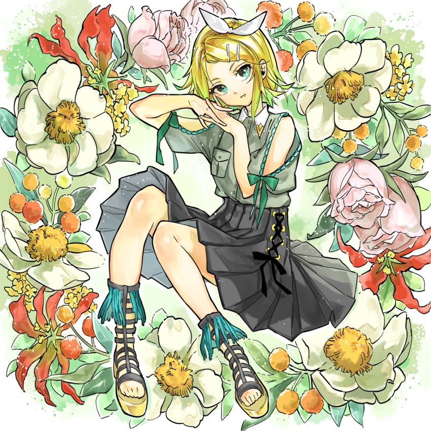 1girl aqua_eyes bangs black_skirt blonde_hair breast_pocket clothing_cutout commentary floral_background flower flower_request full_body gladiator_sandals green_shirt hair_ornament hairclip hands_together head_tilt interlocked_fingers kagamine_rin light_smile looking_at_viewer open_mouth pink_flower pleated_skirt pocket puffy_sleeves red_flower sandals shirt short_hair short_sleeves shoulder_cutout skirt swept_bangs vocaloid white_flower whiteskyash