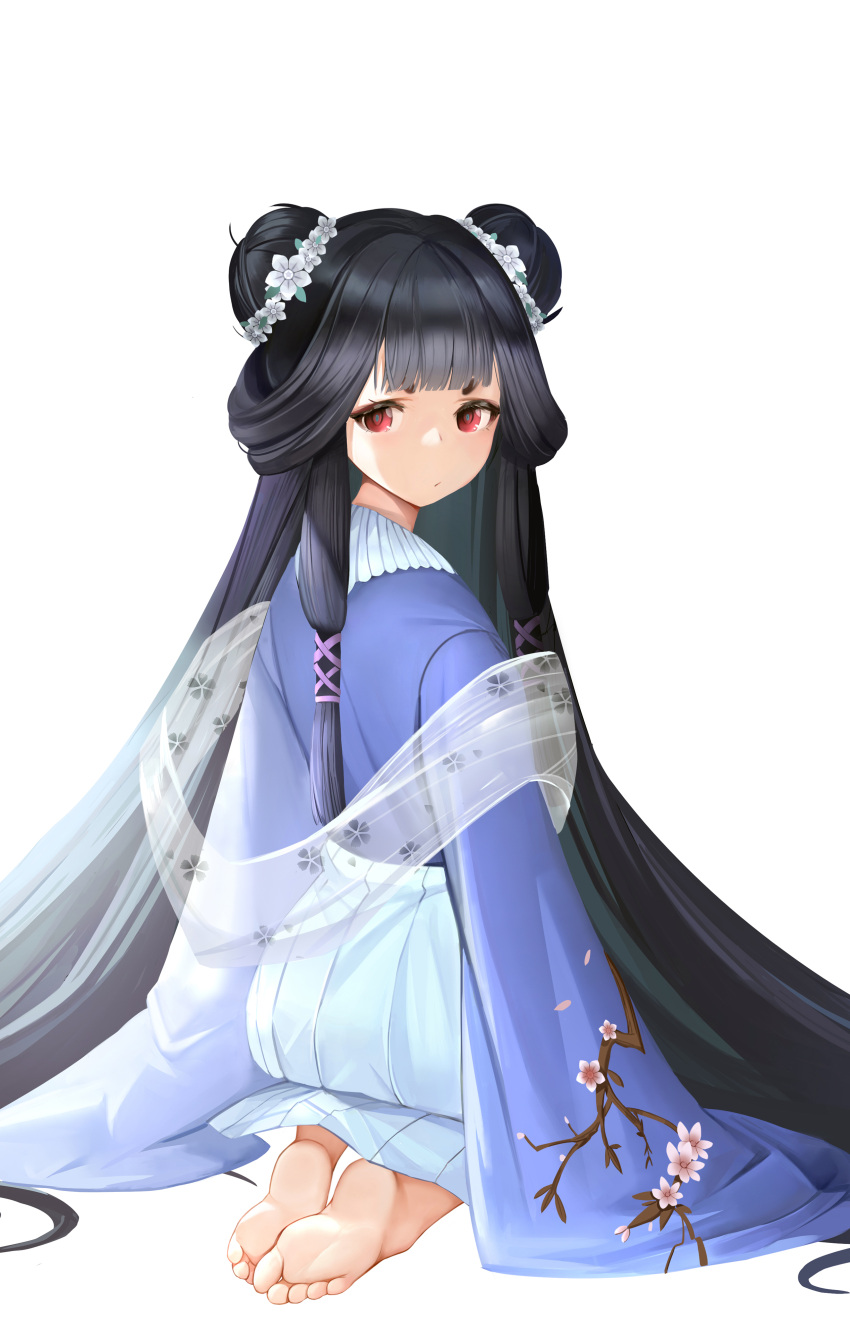 1girl absurdres bangs barefoot black_hair blue_hakama blue_kimono blunt_bangs chinese_commentary closed_mouth commentary_request double_bun feet floral_print flower from_behind full_body hair_flower hair_ornament hair_ribbon hakama highres hime_cut japanese_clothes kaguya_(onmyoji) kimono long_hair long_sleeves looking_at_viewer looking_back onmyoji purple_ribbon red_eyes ribbon seiza short_eyebrows simple_background sitting sleeves_past_fingers sleeves_past_wrists soles solo takanoriha_kasui thick_eyebrows toes very_long_hair white_background white_flower