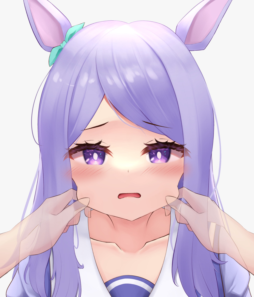 1girl absurdres animal_ears arms_up bangs basil_yuzune blush bow bright_pupils cheek_pinching eyebrows_visible_through_hair green_bow hair_bow hands_up highres horse_ears horse_girl light_purple_hair mejiro_mcqueen_(umamusume) neckerchief open_mouth pinching pov pov_hands purple_hair purple_serafuku school_uniform serafuku shiny shiny_hair simple_background solo_focus swept_bangs transparent_hand umamusume violet_eyes white_background white_pupils