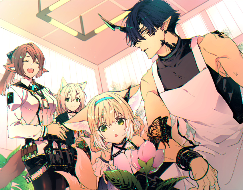 1boy 3girls animal_ear_fluff animal_ears apron arknights bangs bare_shoulders black_hair black_jacket black_legwear black_pants black_shirt black_skirt blonde_hair breeze_(arknights) brown_hair closed_mouth cowboy_shot demon_boy dog_ears dog_girl dress flamebringer_(arknights) fox_ears fox_girl green_eyes hair_between_eyes hairband horns indoors jacket jewelry long_hair long_sleeves looking_at_another multiple_girls one_knee open_mouth orange_eyes oripathy_lesion_(arknights) pants parted_lips perfumer_(arknights) podenco_(arknights) ponytail profile ring shirt short_hair single_horn skirt sleeveless sleeveless_shirt smile standing suzuran_(arknights) toriyoshi white_apron white_dress white_jacket white_shirt wristband