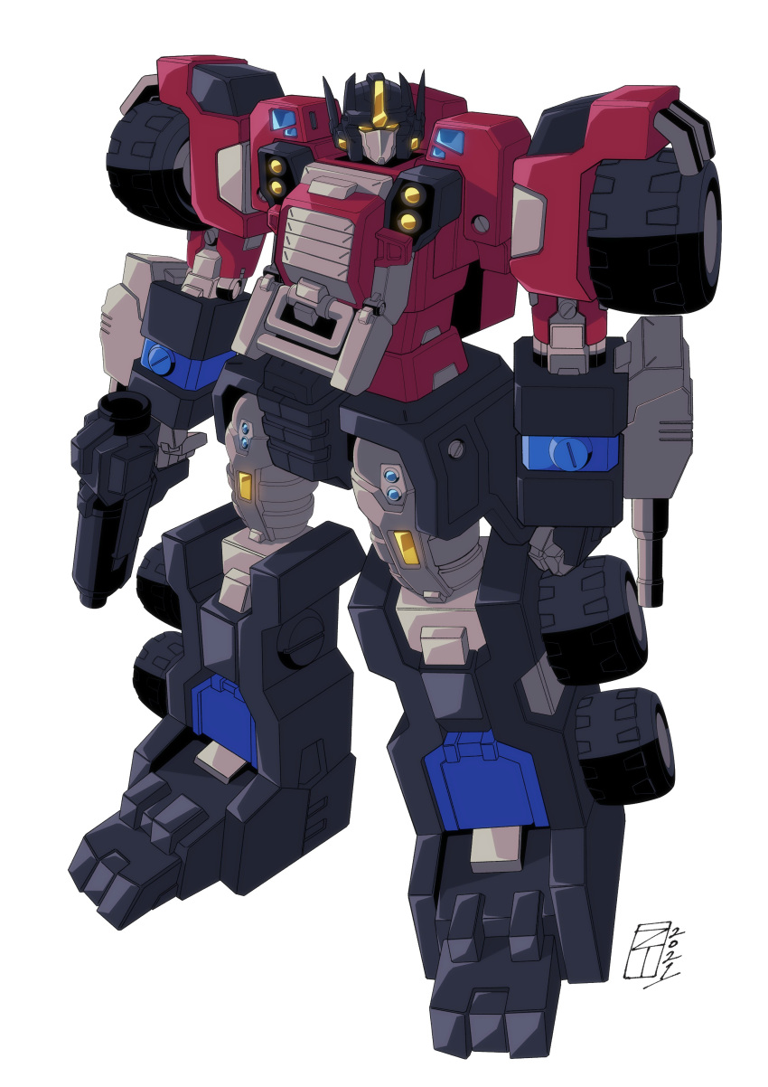 1boy absurdres arm_cannon autobot glowing glowing_eyes gun highres holding holding_gun holding_weapon lextodrawstuff mecha no_humans optimus_prime redesign science_fiction solo standing transformers transformers_armada weapon white_background yellow_eyes