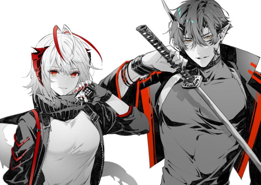 1boy 1girl arknights bangs choker demon_boy detonator fingerless_gloves flamebringer_(arknights) gloves greyscale hair_between_eyes holding holding_sword holding_weapon horns jacket katana long_sleeves looking_at_viewer monochrome orange_eyes parted_lips partially_colored red_eyes scarf shirt short_hair simple_background single_horn sleeveless sleeveless_shirt smile sword toriyoshi upper_body w_(arknights) weapon white_background wristband