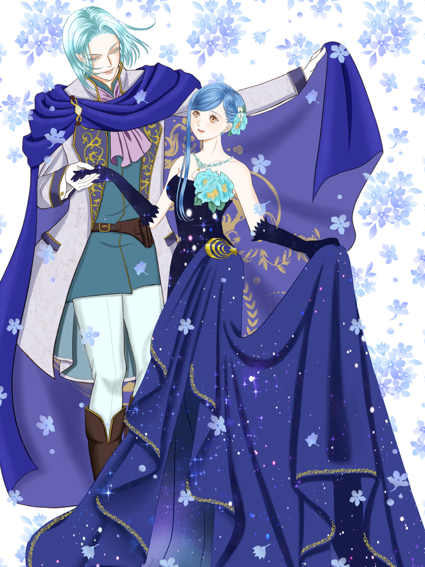 1boy 1girl belt belt_pouch black_gloves blue_cape blue_hair boots brown_footwear cape closed_eyes couple dress ferdinand_(honzuki_no_gekokujou) flower gloves gold_trim hair_flower hair_ornament hetero highres holding_hands honzuki_no_gekokujou jewelry kazuki_teru knee_boots light_blue_hair long_hair maine_(honzuki_no_gekokujou) necklace pale_skin pants pouch purple_neckwear simple_background skirt_hold white_background white_pants yellow_eyes