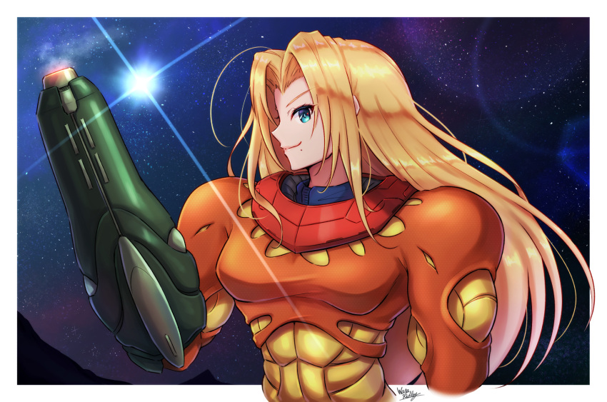 1girl arm_cannon blonde_hair blue_eyes fusion_suit looking_at_viewer metroid_fusion mole mole_under_mouth profile samus_aran sky smile star_(sky) starry_sky varia_suit wakaba_(wata_ridley) weapon