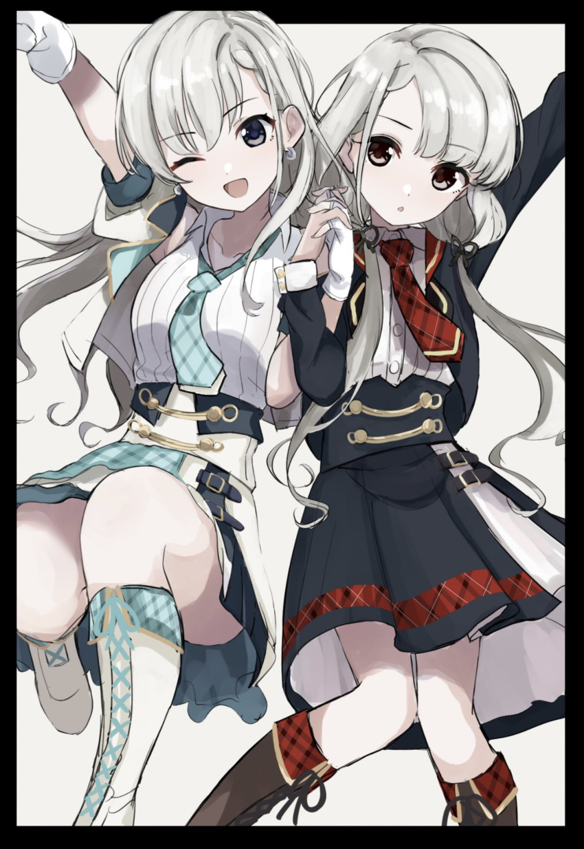2girls :o ;d bangs black_border black_jacket black_skirt blue_neckwear blue_skirt blush boots border braid braided_bangs breasts brown_eyes brown_footwear commentary_request cross-laced_footwear eyebrows_visible_through_hair fingerless_gloves gloves grey_background highres hisakawa_hayate hisakawa_nagi holding_hands idolmaster idolmaster_cinderella_girls idolmaster_cinderella_girls_starlight_stage interlocked_fingers jacket knee_boots lace-up_boots looking_at_viewer multiple_girls one_eye_closed open_mouth parted_lips plaid plaid_neckwear plaid_skirt pleated_skirt puffy_short_sleeves puffy_sleeves shirt shiwa_(siwaa0419) short_sleeves siblings sisters skirt small_breasts smile twins white_footwear white_gloves white_jacket white_shirt
