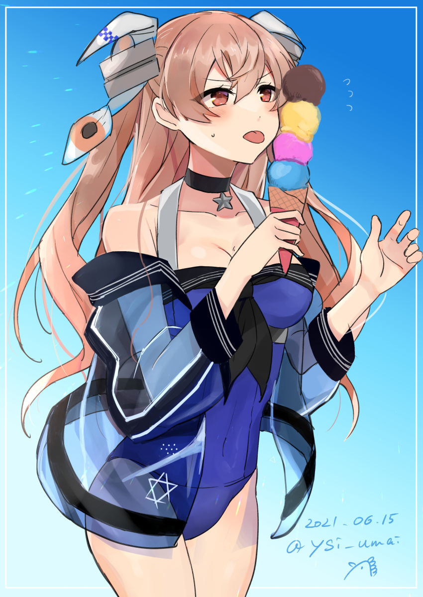 1girl absurdres artist_name blue_background blue_swimsuit breasts brown_eyes casual_one-piece_swimsuit commentary_request cowboy_shot dated food gradient gradient_background hair_ornament highres ice_cream ice_cream_cone johnston_(kancolle) kantai_collection licking light_brown_hair long_hair medium_breasts one-piece_swimsuit see-through_jacket solo standing swimsuit tongue tongue_out too_many too_many_scoops toriniku_senshi_chikinman two_side_up