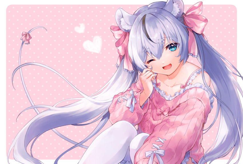 1girl ;d animal_ears bangs bare_shoulders black_hair blue_eyes bow collarbone commission eyebrows_visible_through_hair feet_out_of_frame hair_between_eyes hair_bow hair_ornament hairclip hand_up heart knees_up konayama_kata long_sleeves looking_at_viewer mouse_ears mouse_girl mouse_tail multicolored_hair off-shoulder_sweater off_shoulder one_eye_closed open_mouth original pink_background pink_bow pink_sweater polka_dot polka_dot_background puffy_long_sleeves puffy_sleeves ribbed_sweater silver_hair skeb_commission smile solo streaked_hair sweater tail thigh-highs two-tone_background white_background white_legwear
