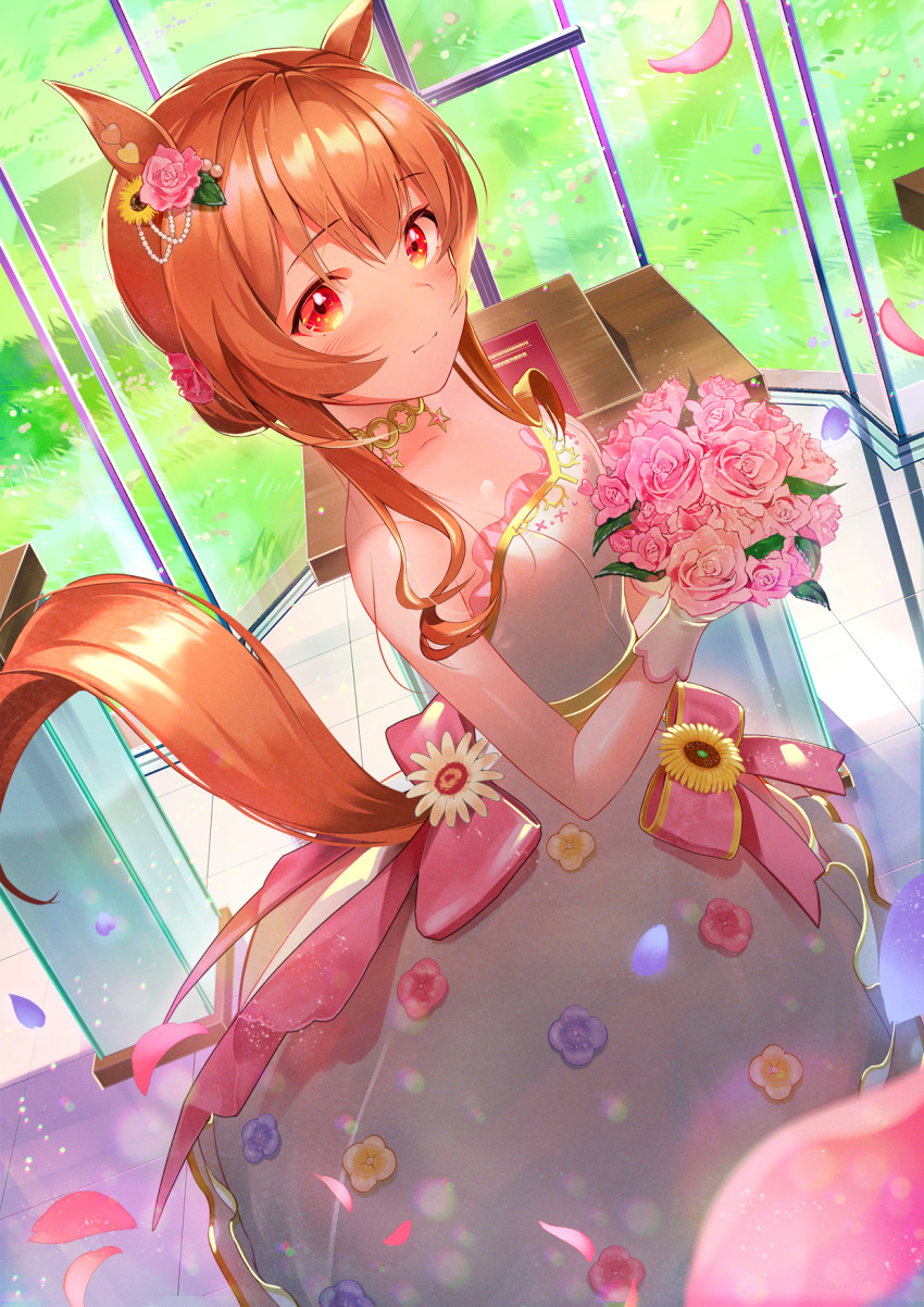 1girl animal_ears blush bouquet bow_dress bride closed_mouth dress dress_flower flower from_above gloves hair_flower hair_ornament highres holding holding_bouquet horse_ears horse_girl horse_tail jewelry kainownill long_hair looking_at_viewer mayano_top_gun_(umamusume) neck_ring orange_hair red_eyes sidelocks simple_background smile solo strapless strapless_dress tail umamusume wedding_dress white_dress white_gloves