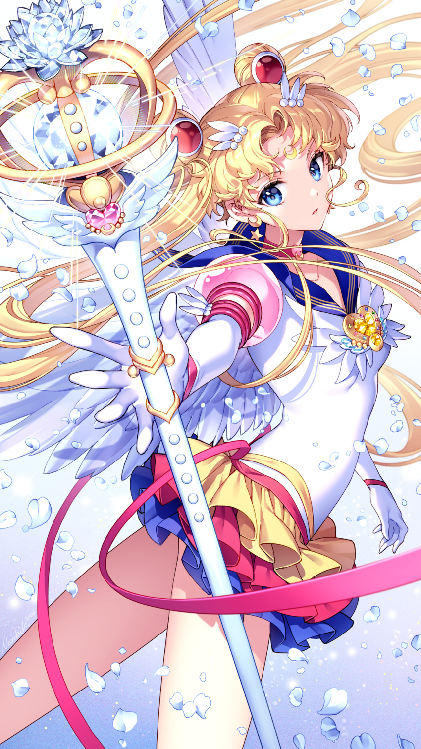 1girl bishoujo_senshi_sailor_moon blonde_hair blue_background blue_eyes blue_sailor_collar brooch choker commentary_request crescent crescent_facial_mark double_bun earrings eternal_sailor_moon eternal_tiare facial_mark forehead_mark gloves gradient gradient_background hair_ornament highres holding holding_staff jewelry layered_skirt long_hair looking_at_viewer magical_girl multicolored multicolored_clothes multicolored_skirt nardack parted_bangs petals sailor_collar sailor_moon sailor_senshi_uniform skirt solo staff thighs tsukino_usagi twintails very_long_hair white_background white_gloves