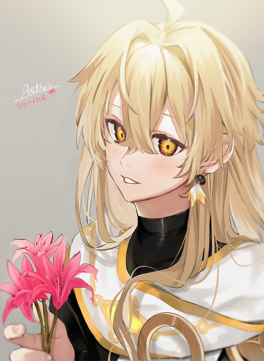 1boy absurdres aether_(genshin_impact) ahoge bangs blonde_hair blush character_name commentary_request earrings english_text feather_earrings feathers flower genshin_impact grey_background hair_between_eyes hair_down hair_intakes highres holding holding_flower iramiikaiiri jewelry long_hair looking_at_viewer open_mouth pink_flower scarf simple_background smile symbol_commentary yellow_eyes
