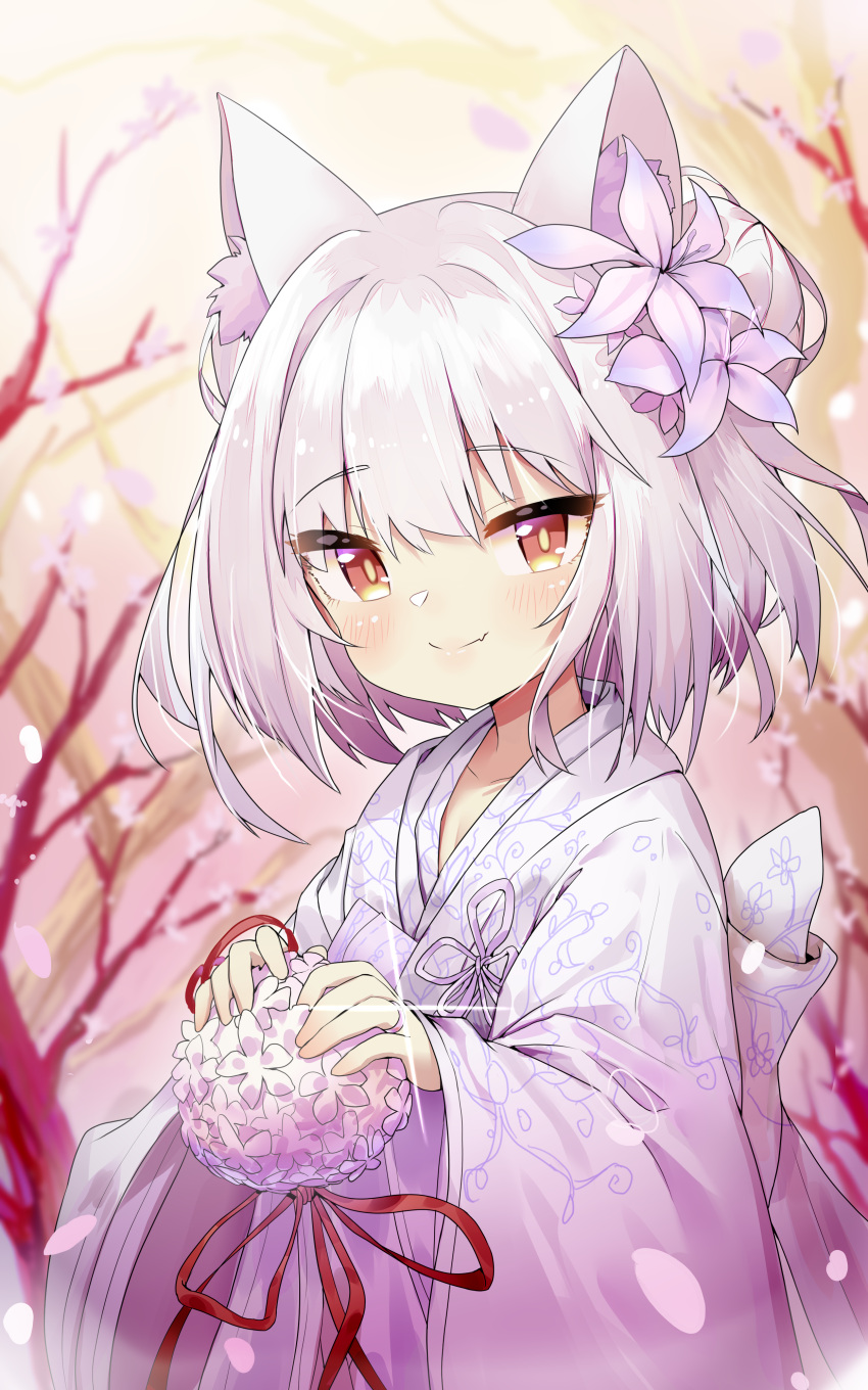 1girl absurdres animal_ear_fluff animal_ears azur_lane bangs blush brown_eyes closed_mouth commentary_request eyebrows_visible_through_hair fang fang_out flower hair_bun hair_flower hair_ornament highres japanese_clothes jewelry kimono long_sleeves looking_at_viewer pg_(pege544) purple_flower ring silver_hair sleeves_past_wrists smile solo tree_branch wedding_band white_kimono wide_sleeves yukikaze_(azur_lane)