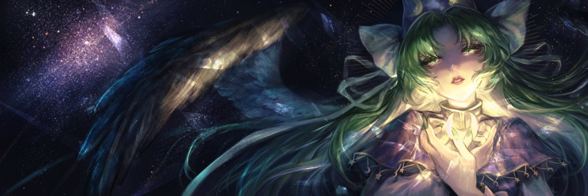 1girl crescent crescent_print dark_background glowing green_eyes green_hair hat highres kyogoku-uru lips long_hair looking_at_viewer mima_(touhou) parted_lips simple_background solo star_(symbol) starry_background touhou touhou_(pc-98) upper_body very_long_hair wings