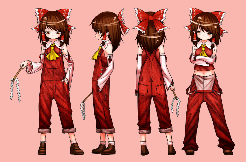 1girl boots bow_hairband brown_hair crossed_arms detached_sleeves gohei hair_tubes hairband hakurei_reimu japanese_clothes lying miko navel neckerchief on_back on_side overalls pocket red_headwear red_overalls shimizu_pem short_hair touhou