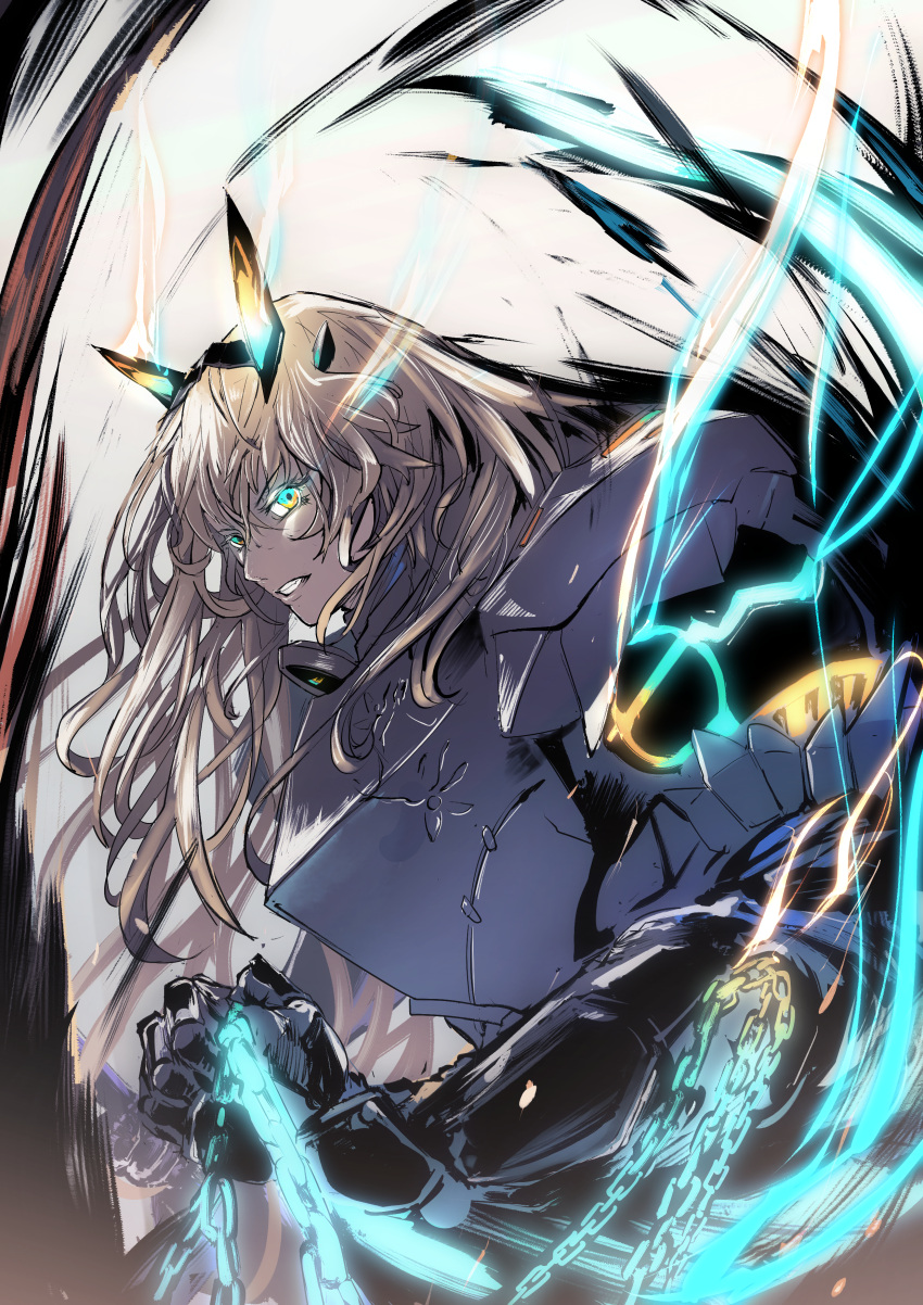 1girl absurdres armor baiomeisai blonde_hair chain fate/grand_order fate_(series) gauntlets gawain_(fairy_knight)_(fate) glowing glowing_eyes highres holding holding_chain huge_filesize long_hair