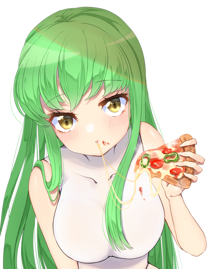 absurdres bare_shoulders blush bodystocking bodysuit breasts c.c. cheese cheese_trail code_geass collarbone covered_collarbone eyebrows_visible_through_hair food food_in_mouth food_on_face from_above green_hair head_tilt highres holding large_breasts long_hair looking_at_viewer mayu_(rymmaur) pizza sidelocks simple_background upper_body upturned_eyes white_background white_bodysuit yellow_eyes yukana