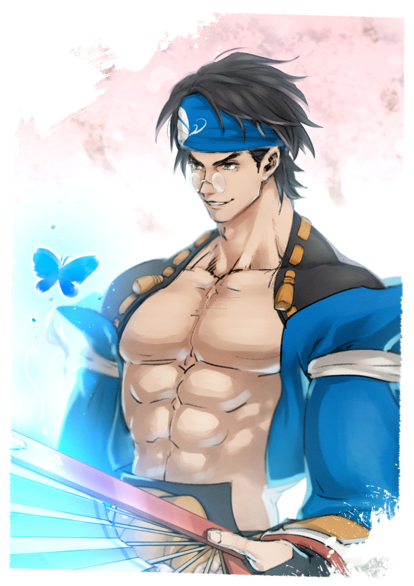 abs absurdres bare_pectorals black_hair blue_butterfly blue_headwear bug butterfly fan fighting_game fingerless_gloves glasses gloves guilty_gear guilty_gear_strive highres huge_filesize insect japanese_clothes long_sleeves mito_anji muscular muscular_male pectorals portrait short_hair simple_background solo_focus