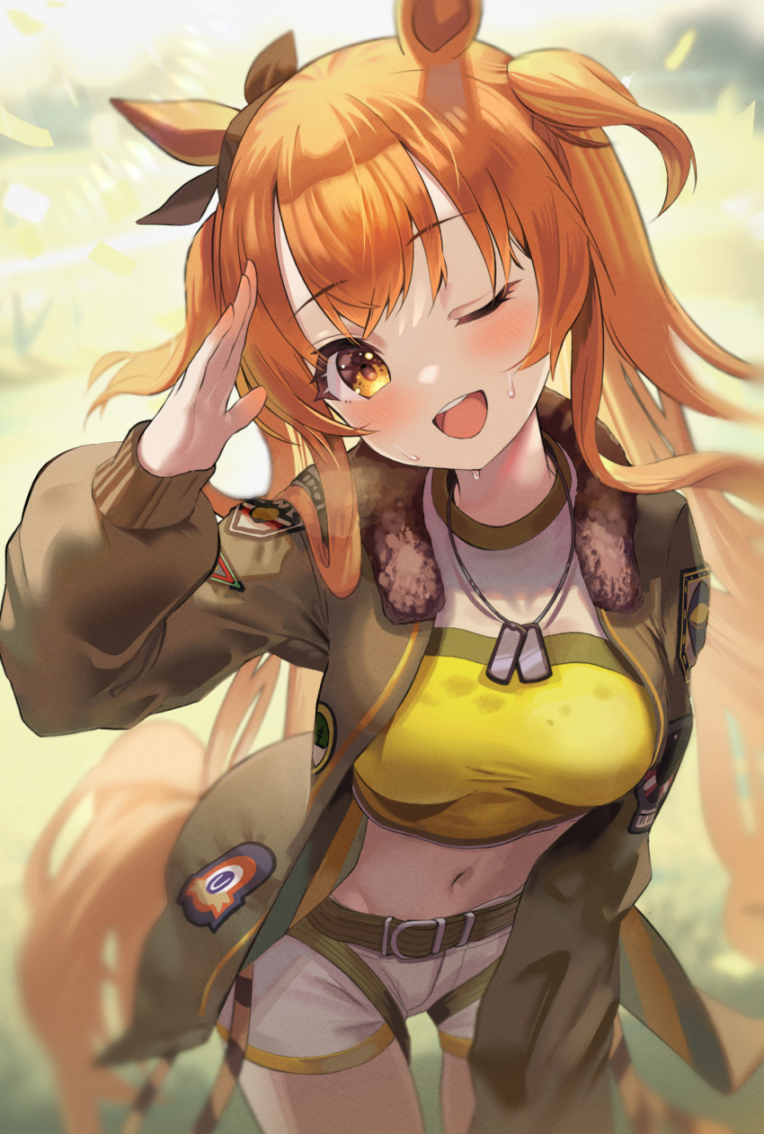 1girl animal_ears blush dodota dog_tags green_jacket highres horse_ears horse_girl horse_tail jacket long_hair mayano_top_gun_(umamusume) navel one_eye_closed open_clothes open_jacket open_mouth orange_eyes orange_hair short_shorts shorts solo tail twintails two_side_up umamusume upper_teeth white_shorts