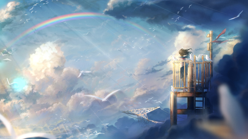 1girl above_clouds absurdres bag bird black_hair clouds commentary floating_hair highres huge_filesize ladder original outdoors pleated_skirt power_lines railing rainbow scenery school_bag school_uniform serafuku skirt sky socks solo standing sunlight transmission_tower widea7 wind