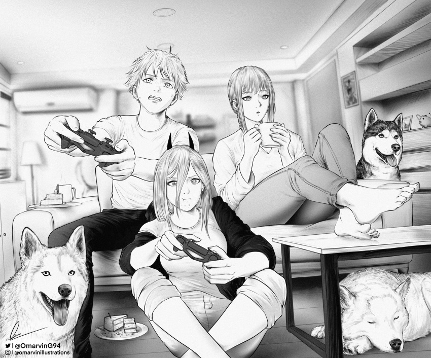 1boy 2girls absurdres barefoot black_pants cake cake_slice chainsaw_man clenched_teeth cup denji_(chainsaw_man) dog food highres horns indoors makima_(chainsaw_man) marvin_(omarvin) monochrome multiple_girls pants playing_games power_(chainsaw_man) sharp_teeth shirt short_hair sitting teeth white_shirt