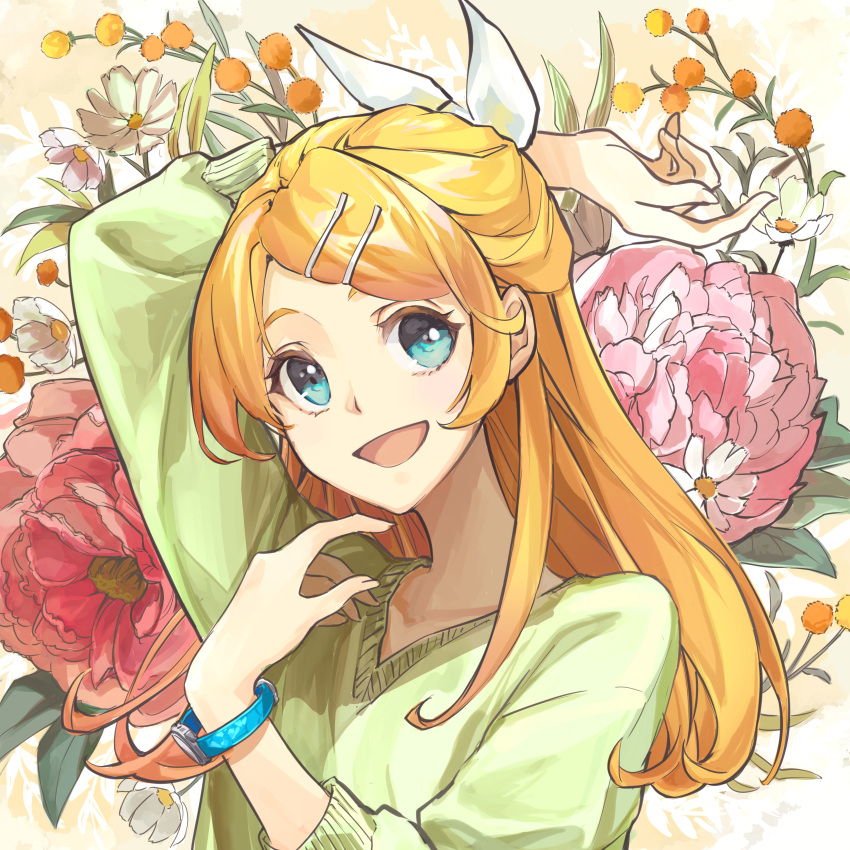 1girl absurdres aqua_eyes arm_up bangs blonde_hair bow commentary daisy floral_background flower flower_request green_sweater hair_bow hair_ornament hairclip highres huge_filesize kagamine_rin long_hair looking_to_the_side older open_mouth peony_(flower) pink_flower red_flower smile solo sweater swept_bangs upper_body vocaloid watch watch white_bow white_flower whiteskyash