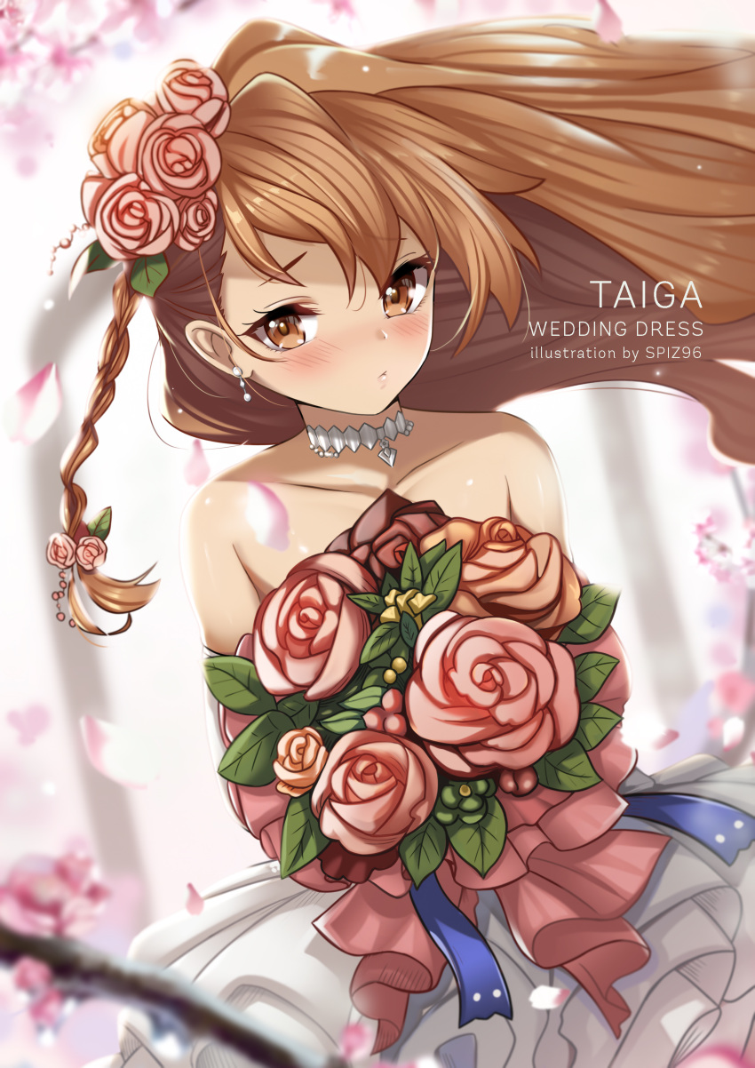 1girl absurdres aisaka_taiga bangs bare_shoulders blurry blurry_background blush bouquet braid brown_eyes brown_hair character_name commentary dress eyebrows_behind_hair flower frills hair_flower hair_ornament highres holding holding_bouquet long_hair looking_at_viewer parted_lips petals ribbon solo spiz strapless strapless_dress toradora! wedding_dress white_dress